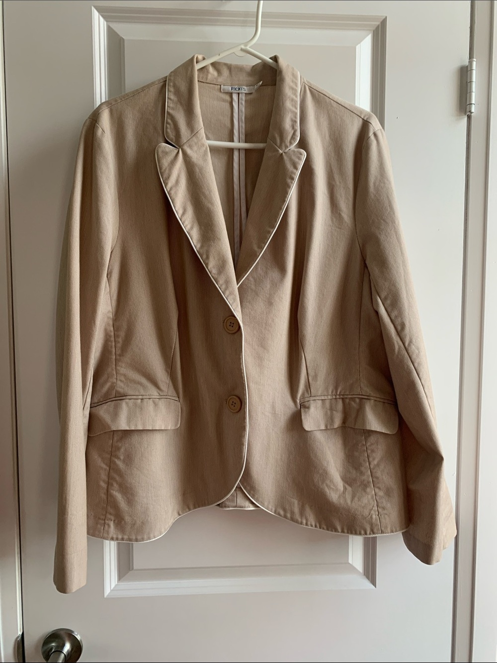 Ricki's Beige Pinstripe Women's Single-Breasted Blazer with Contrast Piping